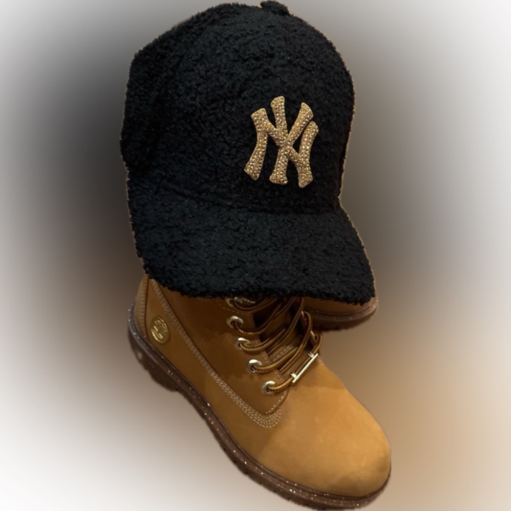 NEW Sherpa NY Rhinestone (Gold) Logo ponytail baseball cap with Red satin lining - Picture 8 of 10